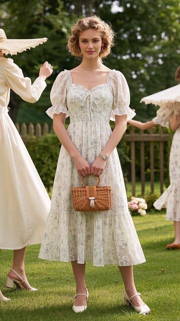 Vintage-Inspired Elegance: A Soft Floral Midi Dress - with Ruched Detailing - and Puff Sleeves - Paired with a Woven Handbag - and Delicate Mary Jane Shoes