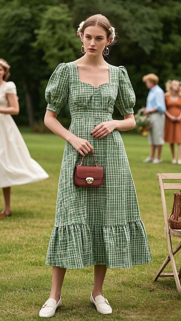 Country Chic in Green: A Vintage-Inspired Green Plaid Dress - with Puff Sleeves - Accessorized with a Structured Handbag - and White Loafers