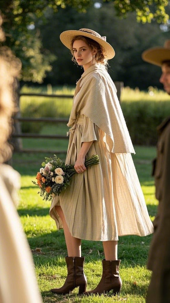 Countryside Sophistication: Neutral-Toned Dress - Styled with a Cape-Like Layer - Cowboy Boots - and a Straw Hat
