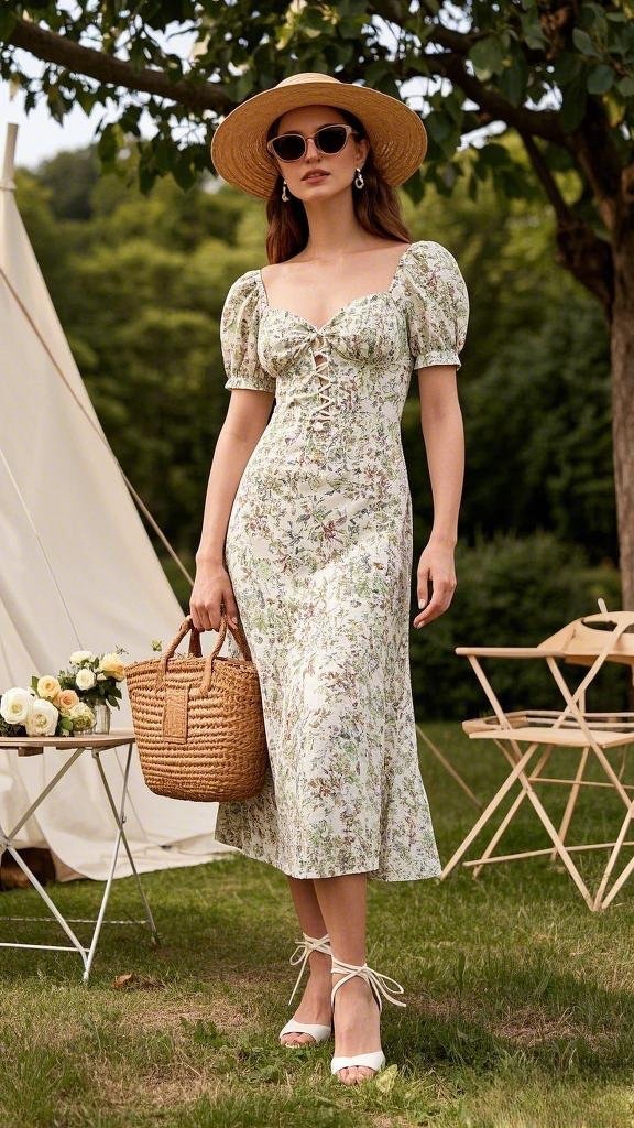 Rustic Romance: Fitted Floral Lace-Up Midi Dress - Accessorized with a Structured Straw Bag - Ankle-Tie Heels - and Oversized Sunglasses