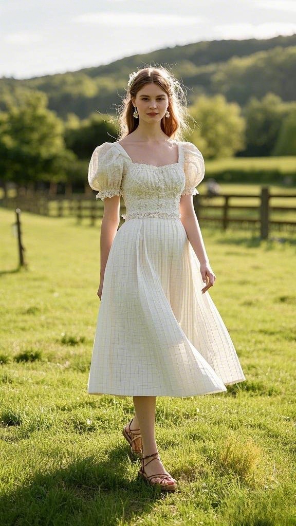 Ethereal White Beauty: White Smocked Dress - with a Flowing Midi Skirt - styled with Simple Strappy Sandals
