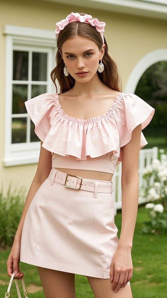 A Flirty Ruffle Crop Top in Blush Pink - Paired with a Matching Belted Mini Skirt - Accented by a Matching Headband - and Statement Earrings
