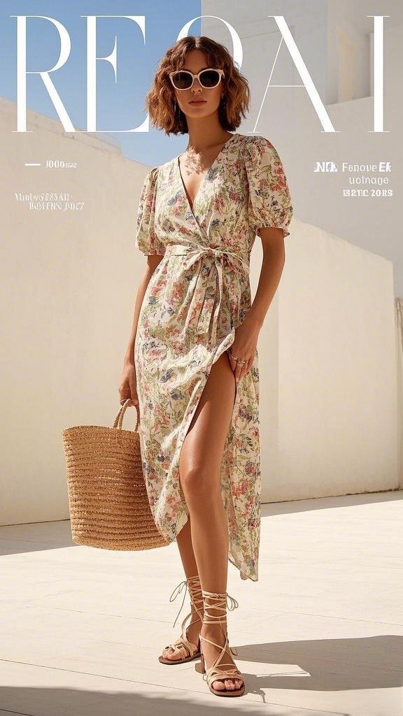 A Romantic Floral Wrap Dress - with a Thigh-High Slit - Paired with Strappy Lace-Up Sandals - A Straw Tote Bag - and Retro Sunglasses