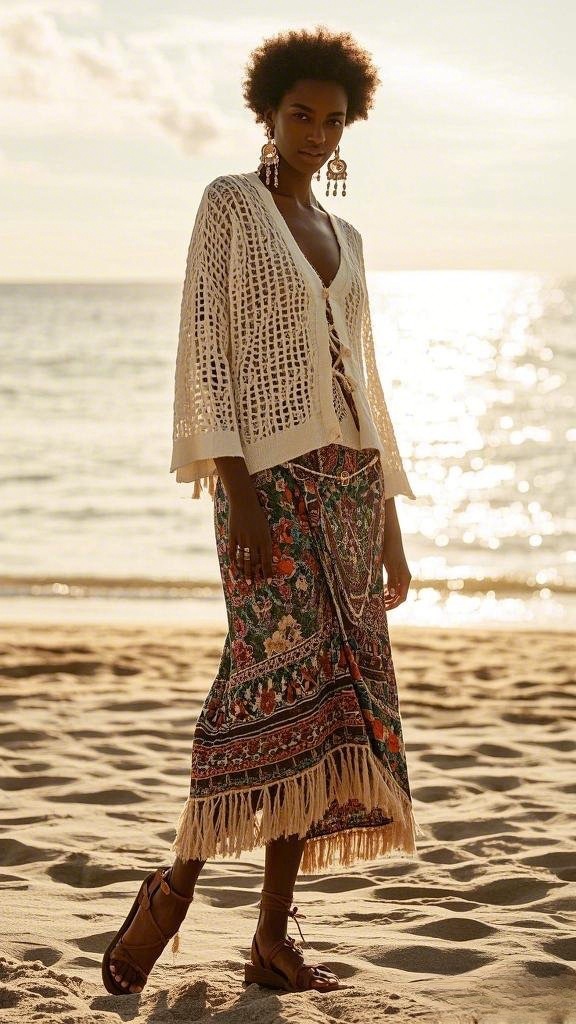 A Loose-Knit Crochet Cardigan - Layered Over a Tie-Front Bikini Top - Styled with a Vibrant - Fringed Boho Maxi Skirt - and Lace-Up Leather Sandals