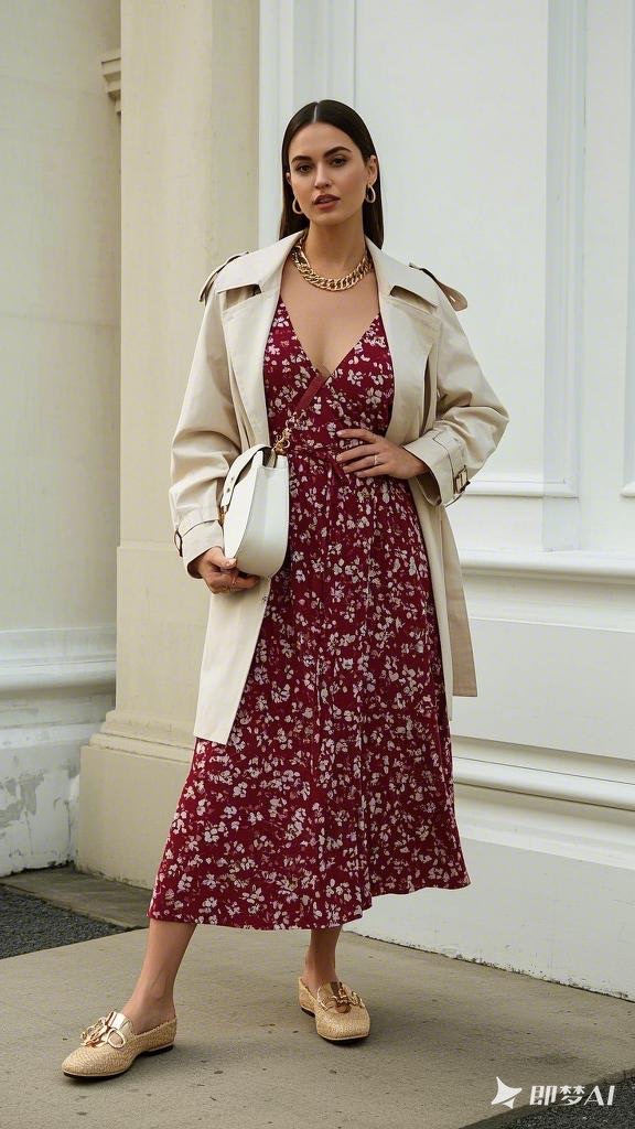 Crimson Blooms - Deep Burgundy Floral Maxi Dress - Neutral Trench Coat and Woven Loafers