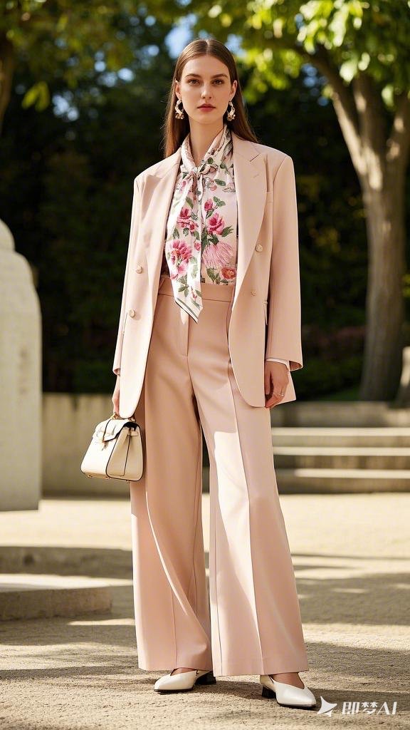 Soft Power - Pastel Pink Suit - Floral Scarf Blouse - Structured Handbag and White Pumps