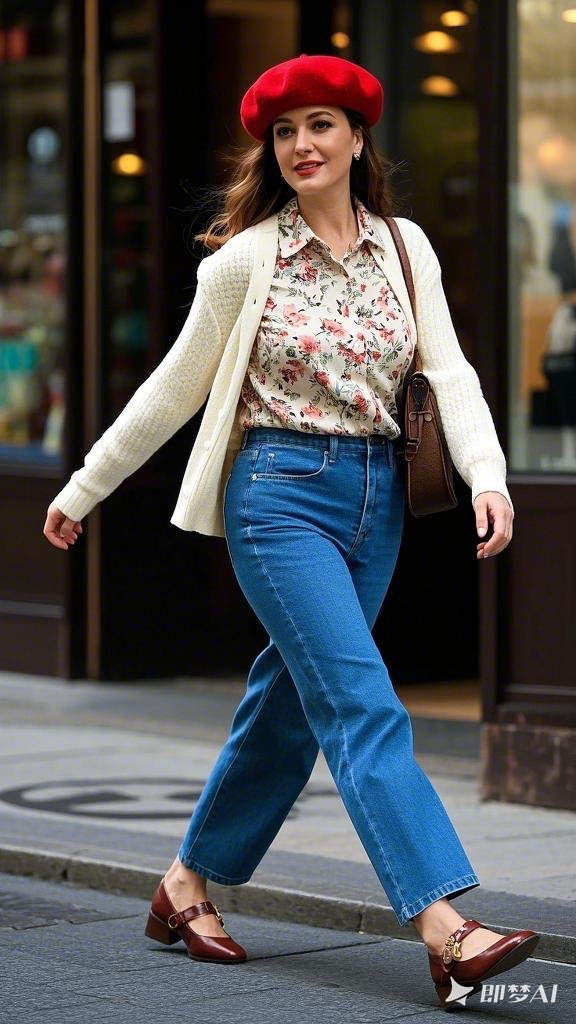 Vintage Flair - Floral Blouse with Jeans - Ivory Cardigan - Red Beret and Burgundy Loafers