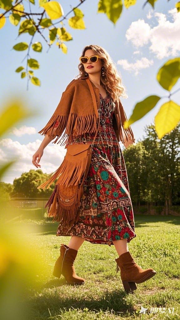Boho Trail - Vibrant Boho-Print Maxi Dress - Suede Fringe Jacket and Western-Inspired Boots