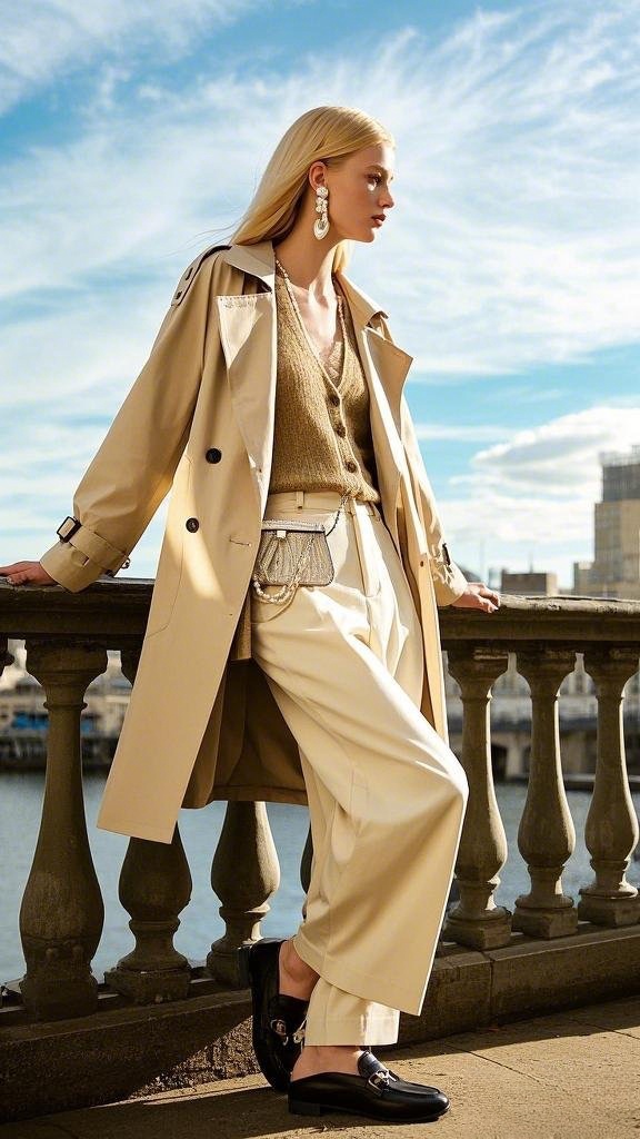 Trench Luxe - Long Trench Coat - Textured Cardigan - Wide-Leg Trousers - Statement Earrings and Leather Loafers