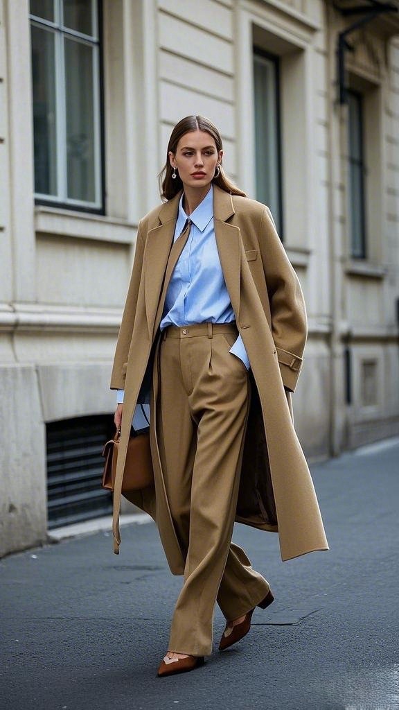 Refined Camel - Camel Suit Set - Light Blue Button-Up and Coordinating Coat