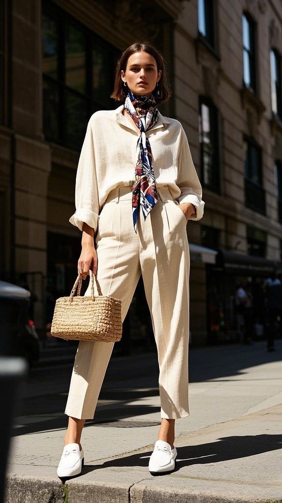 Scarf Flair - Relaxed Linen Blouse - Matching Trousers - Bold Printed Scarf and White Loafers