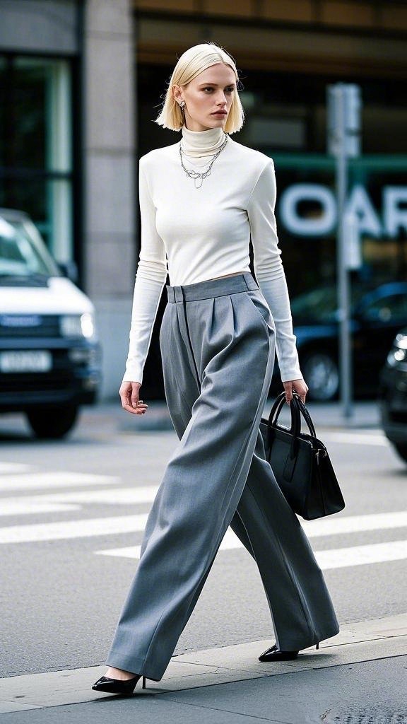Minimalist Edge - White Turtleneck - Pleated Gray Trousers - Black Heels and a Structured Handbag
