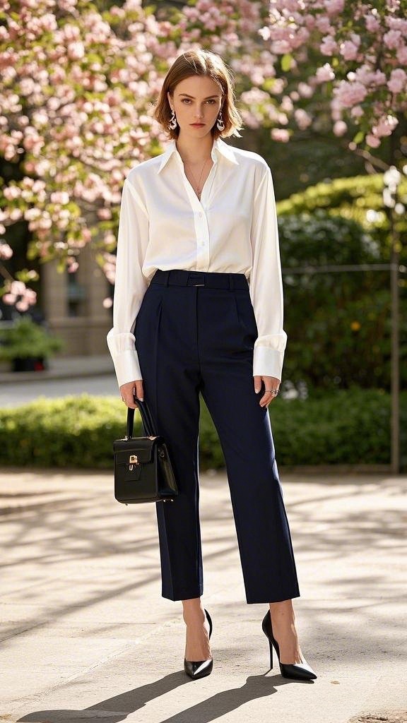 Office Essentials - White Button-Up - Navy Ankle-Length Trousers - Classic Pumps and a Structured Handbag