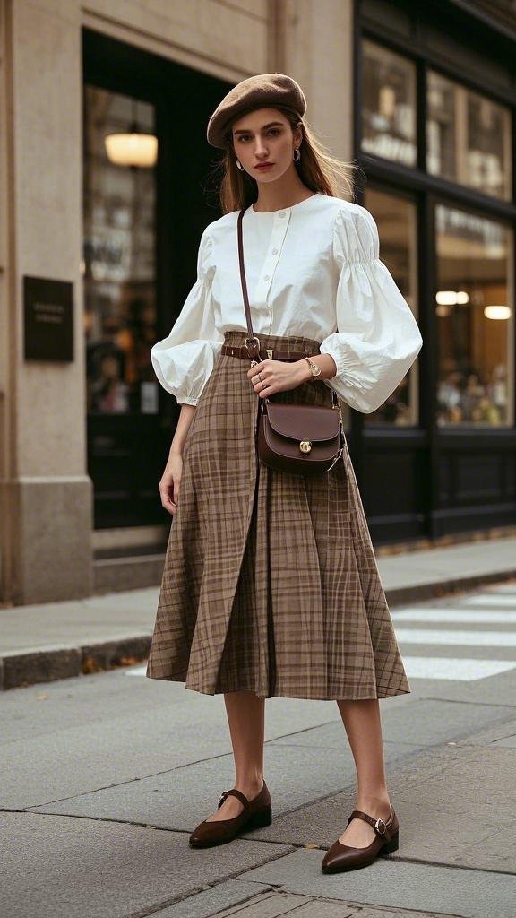 Heritage Charm - Puff-Sleeve Blouse - Plaid Midi Skirt - Beret and Mary Jane Flats