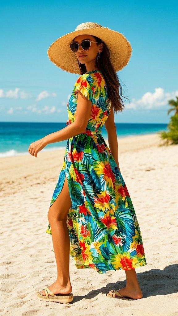 A Bold, Tropical-Print Maxi Dress - with a Thigh-High Slit - Completed by a Wide-Brim Straw Hat and Slip-On Sandals