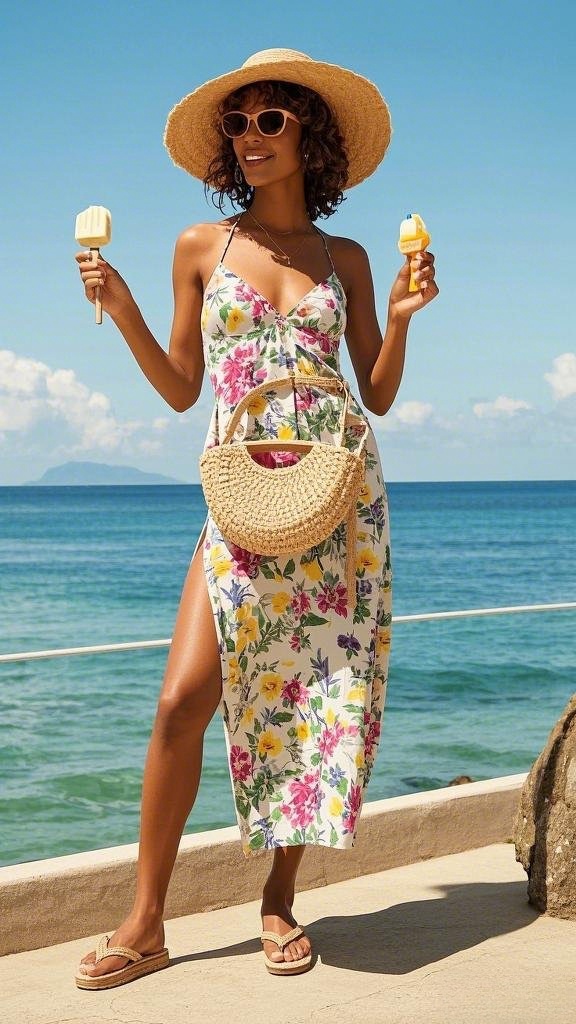 A Floral-Print Halter Maxi Dress - Paired with a Straw Sun Hat - Matching Woven Tote - and Laid-Back Flip-Flops