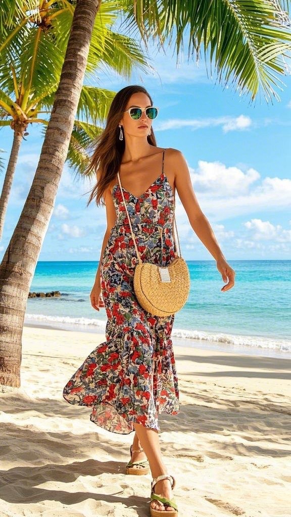A Flowy, Colorful Floral Slip Dress - Accessorized with a Round Woven Bag - Strappy Sandals - and Bold Sunglasses