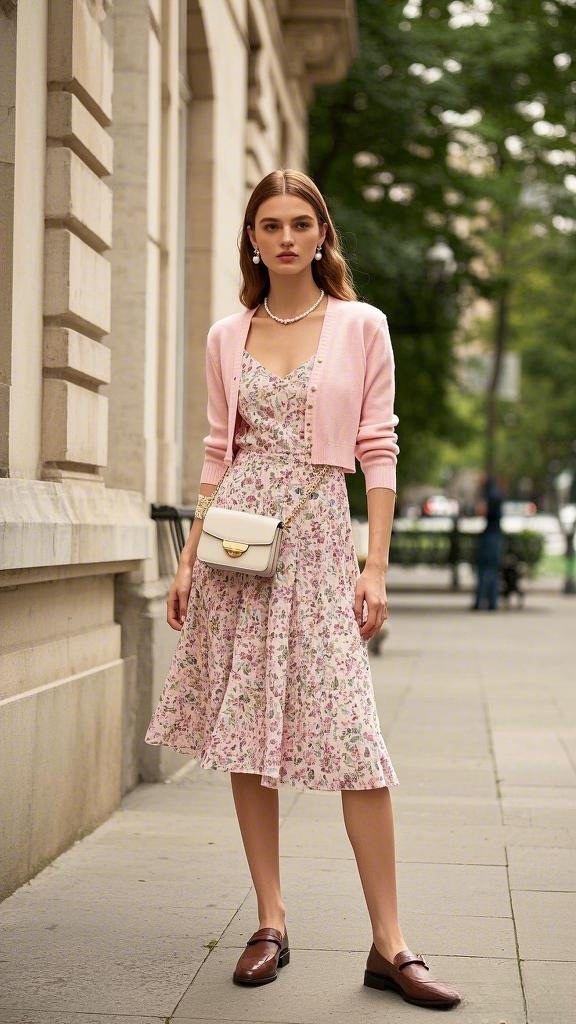 Pastel Floral Charm - Pink Floral Midi Dress - Pink Cropped Cardigan - Brown Loafers - Small White Crossbody
