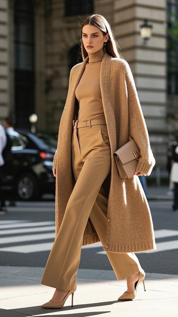 Tone-on-Tone Luxe - Camel Turtleneck - Matching Wide-Leg Pants - Long Camel Cardigan - Tan Heels - Structured Clutch