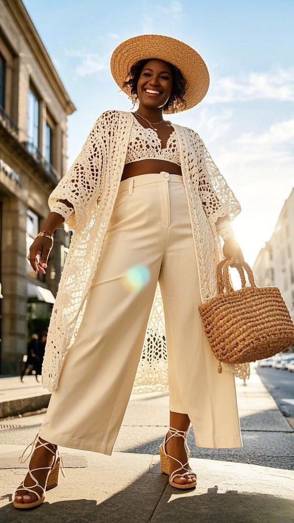 Breezy Boho - White Crochet Duster - Matching Crochet Bralette - Wide-Leg Ivory Pants - Straw Hat - Straw tote - Lace-Up Block Heels