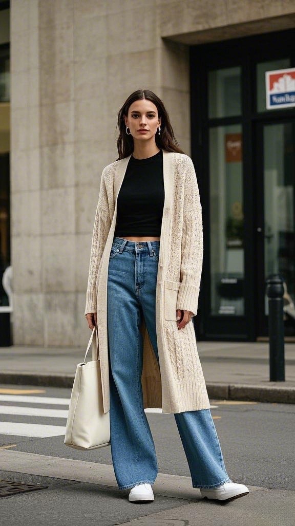 Weekend Ease - Black Crew-Neck Top - Cream Cable-Knit Duster Cardigan - Wide-Leg Blue Jeans - White Sneakers - Large White Tote