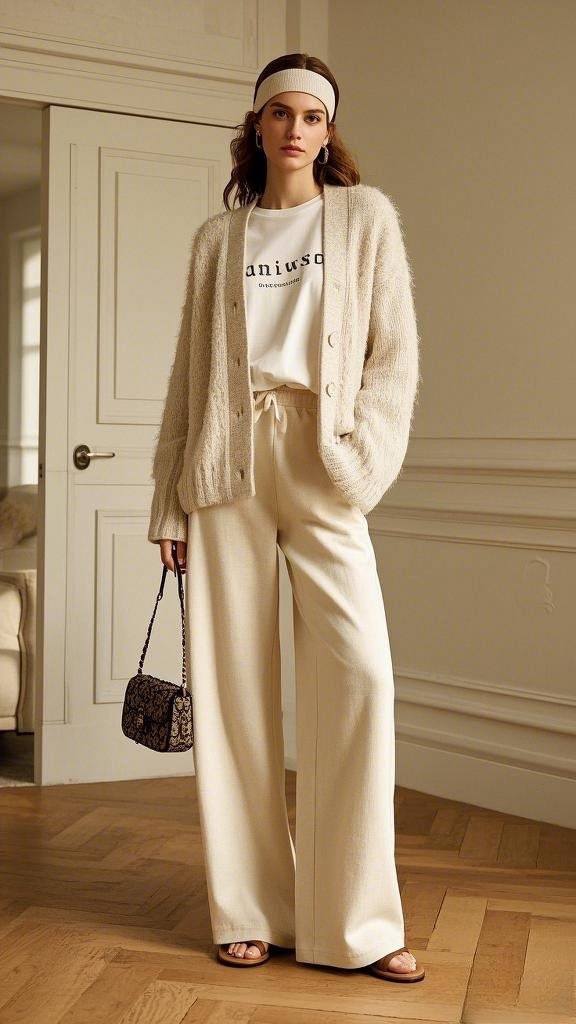 Soft Minimalism - Cream Fuzzy Cardigan - Loose White T-Shirt - Wide-Leg Cream Pants - Flat Slide Sandals - Small Patterned Handbag