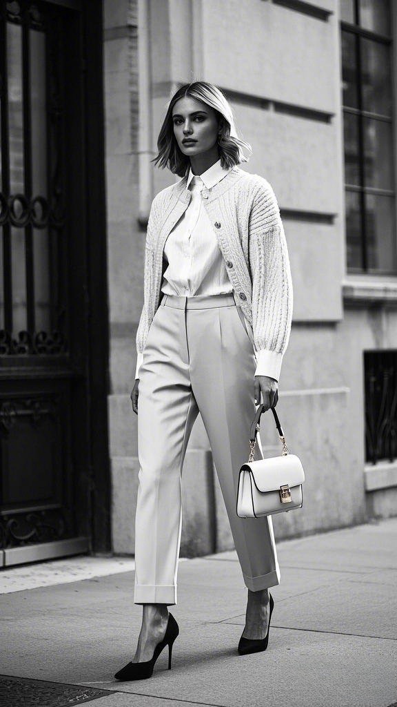 Classic Contrast - White Button-Up - Textured White Cardigan - Tailored Trousers - Black Pumps - Structured Handbag