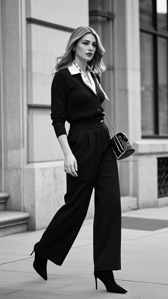 Monochrome Poise - Black Cardigan - Collared Shirt - Wide-Leg Black Trousers - Black Heeled Boots - Black Quilted Purse