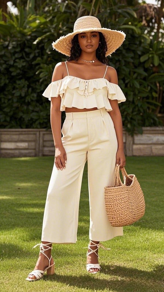 Ruffled Off-Shoulder Crop Top with Wide-Leg Pants and a Straw Hat