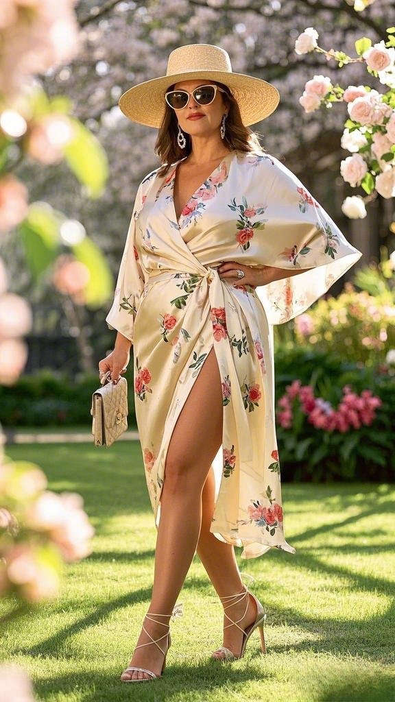 Floral Satin Wrap Dress with Strappy Heels and a Wide-Brim Hat