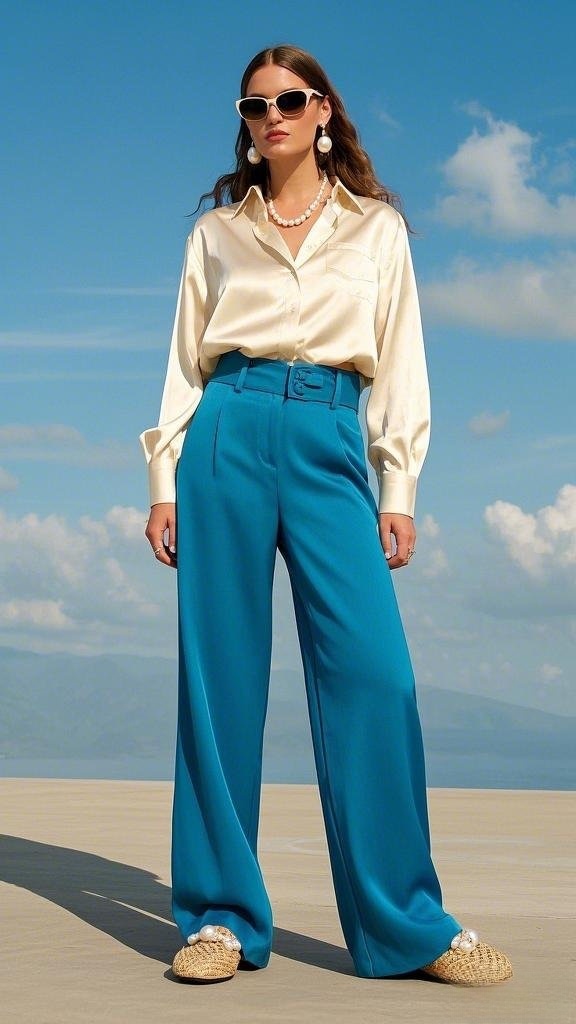 Retro Glam: Satin Blouse with High-Waisted Wide-Leg Pants and Pearl Accents