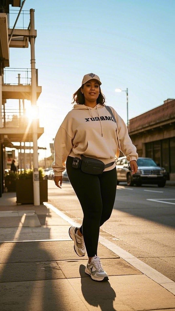 Beige Hoodie + Black Leggings