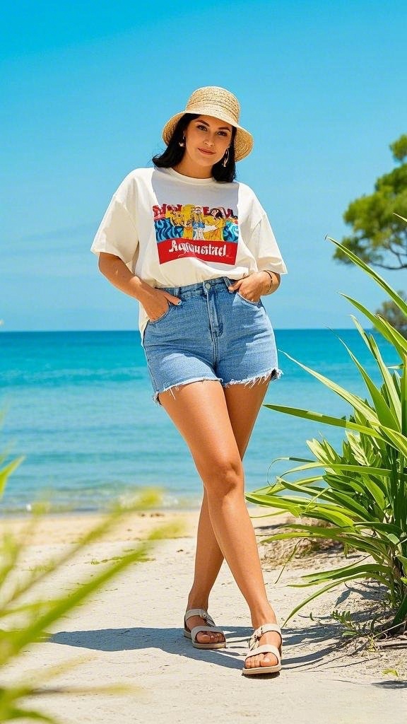 A Playful Printed T-shirt - Tucked into Cut-Off Denim Shorts - Finished with Slide Sandals - and a Straw Bucket Hat