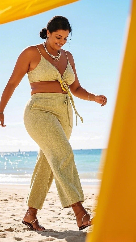 Tie-front Bralette - and Matching High-Waisted Trousers - Lightweight Fabric - Styled with Flat Strappy Sandals - and Layered Necklaces