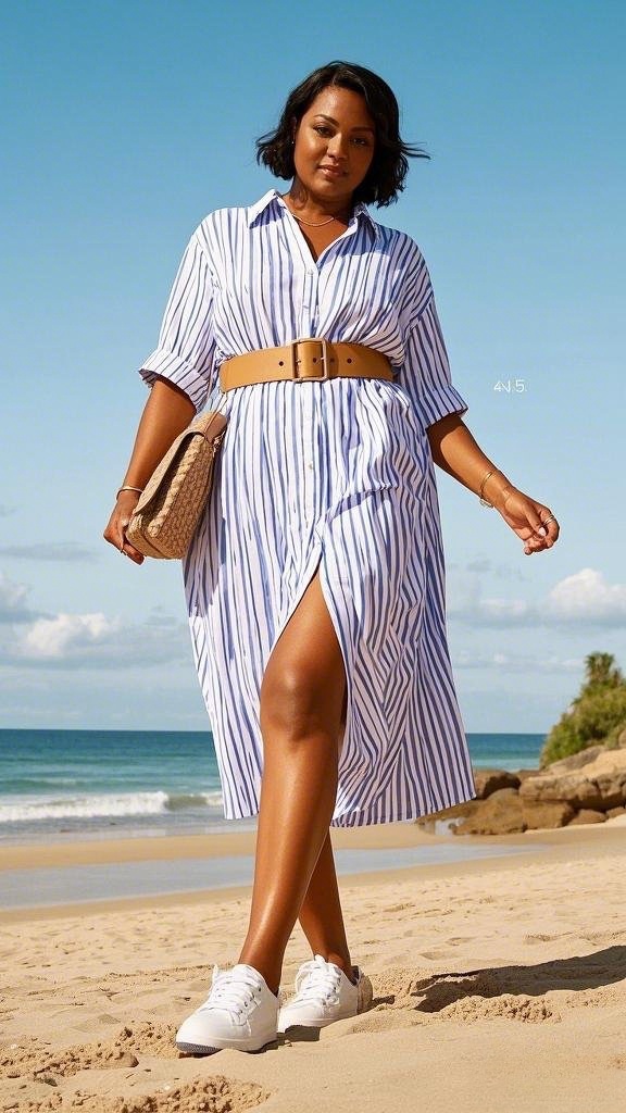 A Blue-and-White Striped Dress - Cinched at the Waist with a Wide Belt - Worn with Clean White Sneakers