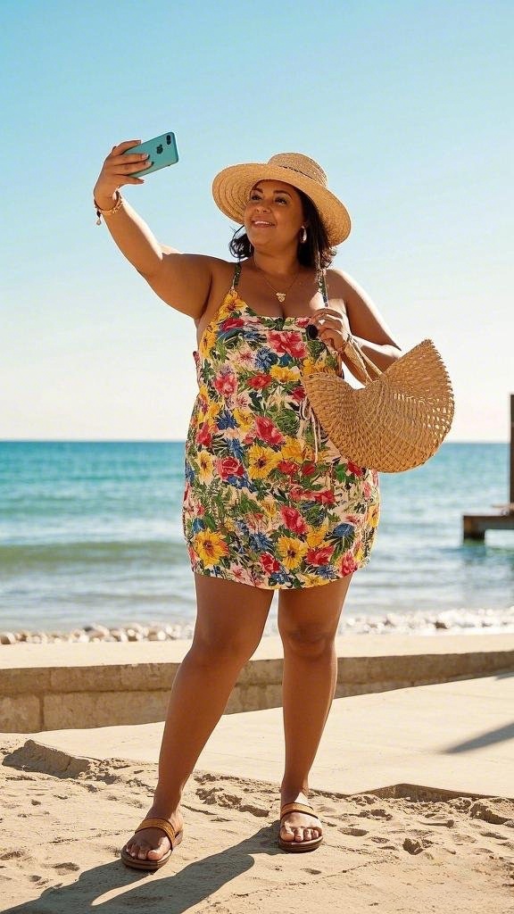 A Colorful Floral-Print Mini Sundress - Complemented by a Wide-Brim Hat - Slip-On Sandals - and a Round Woven Handbag