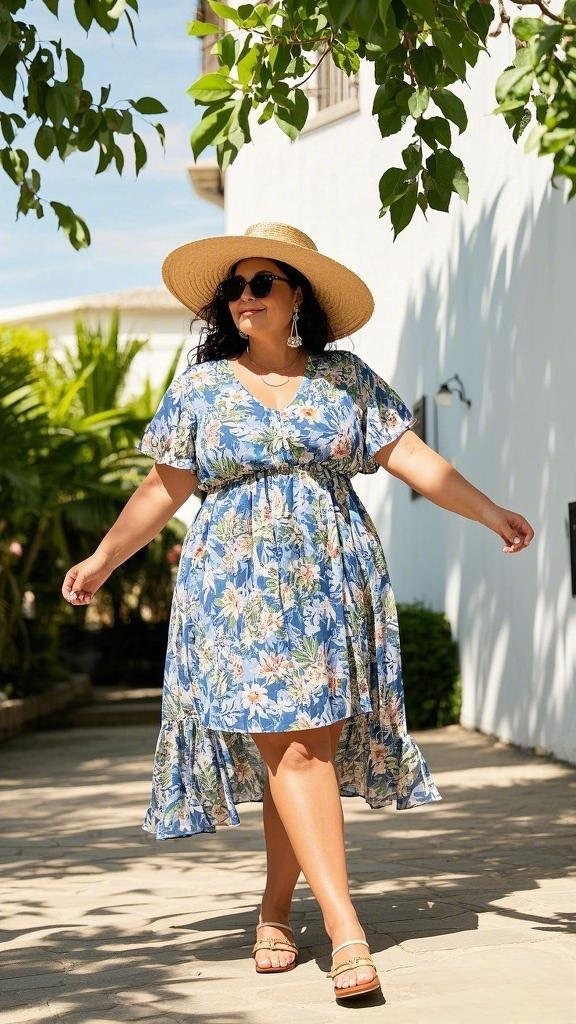 A Breezy Floral Sundress - with a Ruffled High-Low Hem - Accessorized with a Straw Sun Hat - Drop Earrings - and Flat Strappy Sandals
