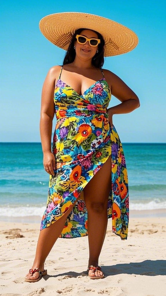 Tropical Blossom Wrap Dress – Wide-Brim Straw Hat - Bright Sunglasses - Thong Sandals