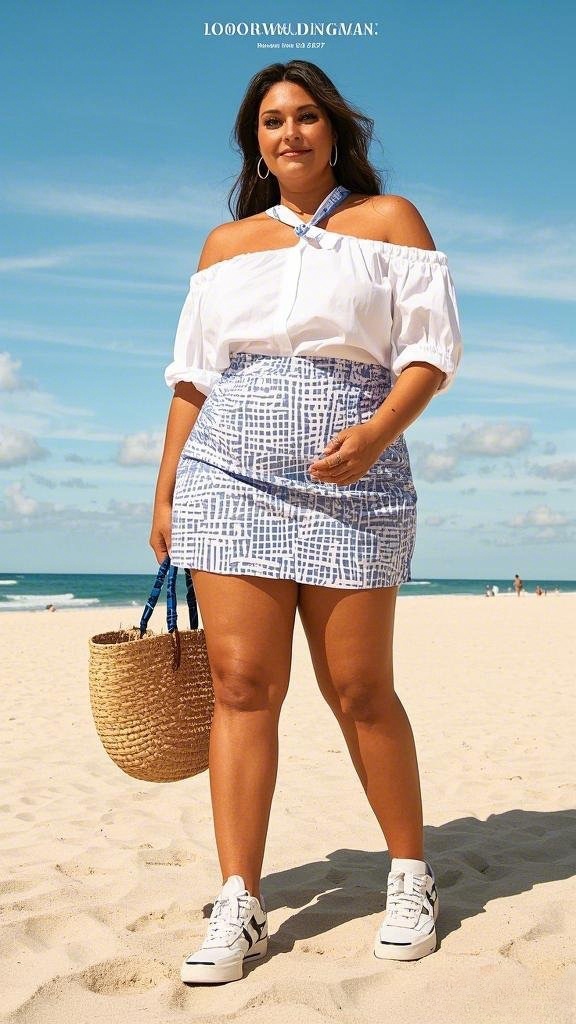 A Flirty Off-Shoulder Blouse - Paired with a Patterned Mini Skirt - Completed by White High-Top Sneakers and a Woven Beach Tote