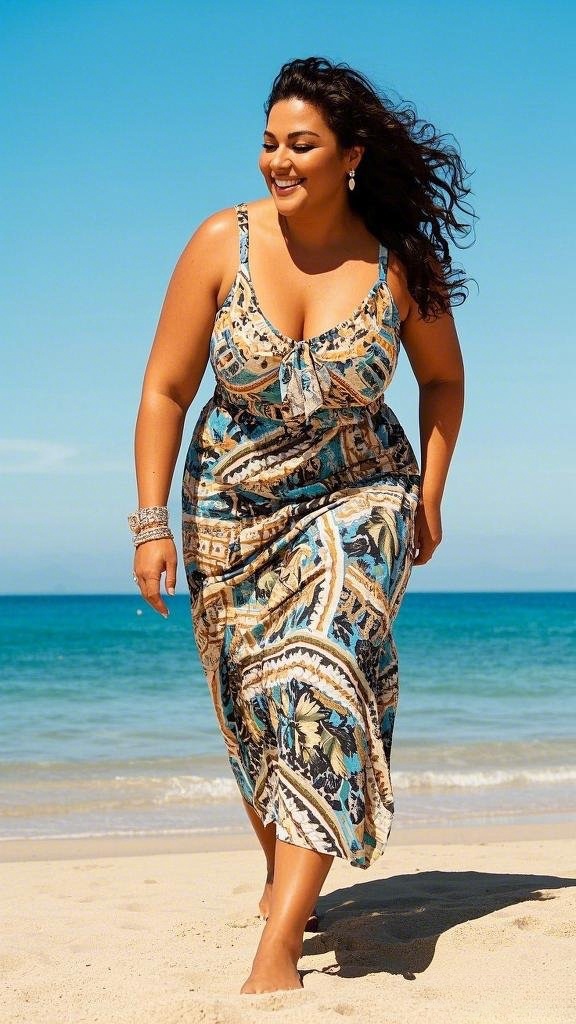 Bohemian-Inspired Maxi Dress - Featuring a Bold Mix of Tropical Prints - Accessorized with Simple Earrings