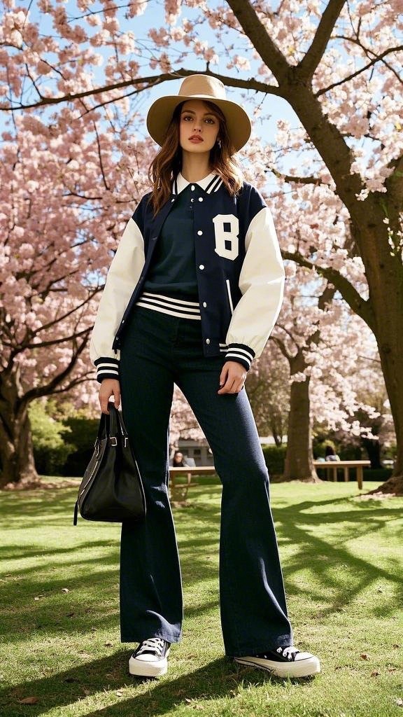 Varsity Flare Vibes - Navy Varsity Jacket with White Sleeves - Wide-Brim Hat - Dark Denim - Black Handbag - and Black-and-White Sneakers