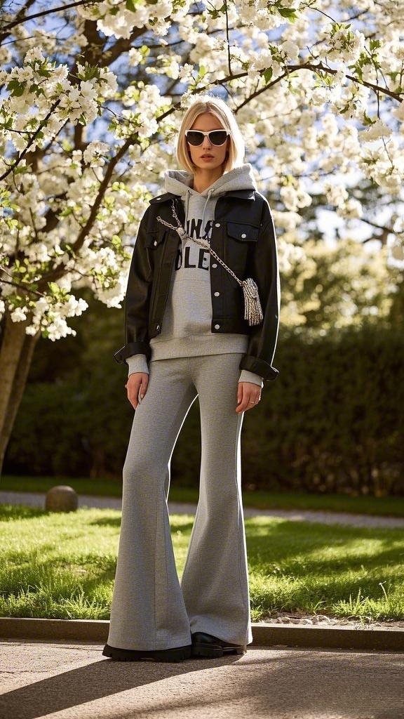 Streetwise Hoodie Twist - Black Faux-Leather Jacket - Gray Hoodie - Matching Gray Flared Pants - and Chunky Black Boots