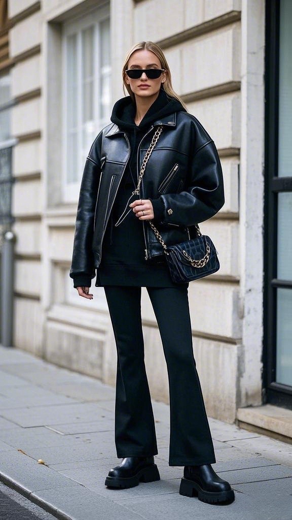 Monochrome Urban Edge - Oversized Black Leather Jacket - Black Hoodie - Flared Black Pants - and Chunky Platform Boots