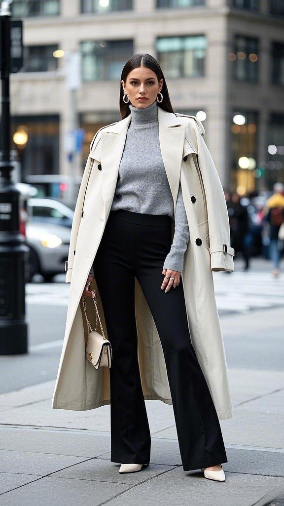Classic Trench Elegance - Long Off-White Trench Coat - Gray Turtleneck Sweater - Black Flared Pants - White Pointed-Toe Heels - and a Structured Cream Bag