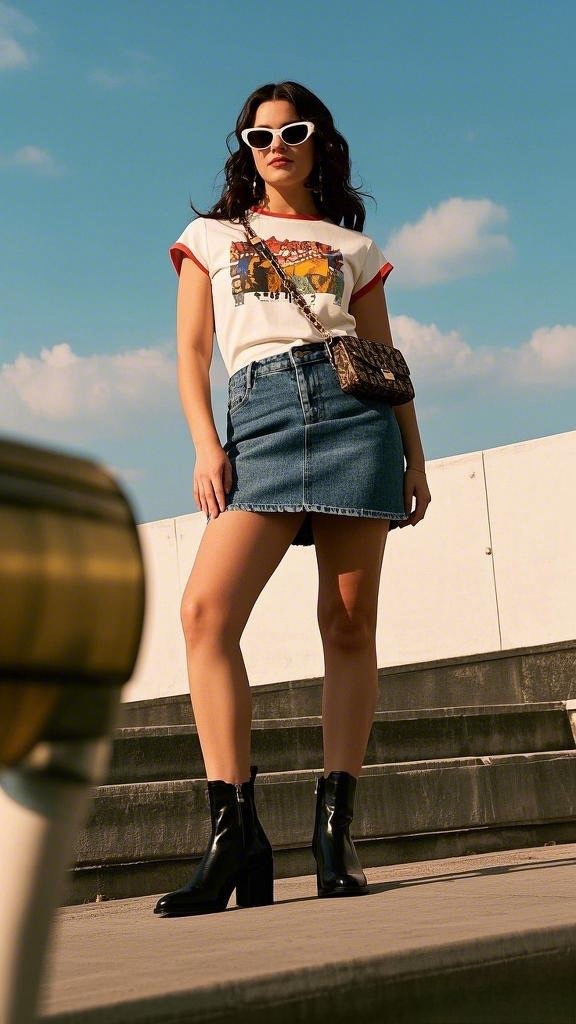 Retro Chic - Denim Skirt & Graphic Tee - Cat-Eye Sunglasses Statement - Black Ankle Boots