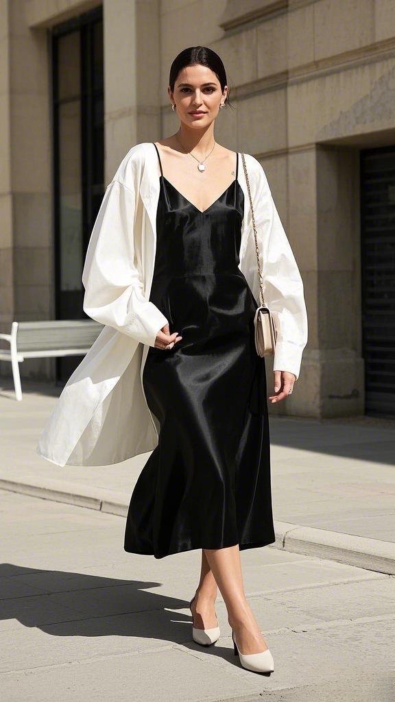 Timeless Glamour - Satin Slip Dress - Low-Heeled Mules - Effortless Monochrome Look