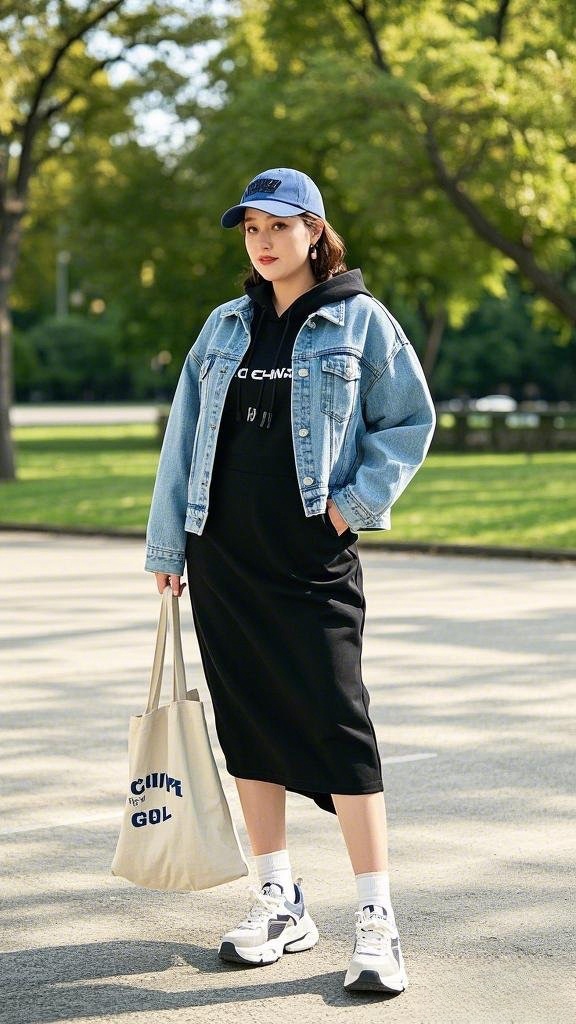Casual Sporty - Black Midi Hoodie Dress - Denim Jacket & Chunky Sneakers