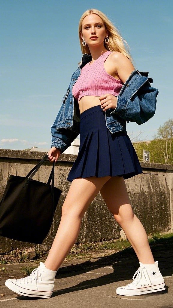 Playful & Sporty - Tennis Skirt - Crop Top - Cropped Denim Jacket & High-Top Sneakers