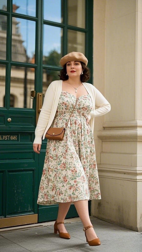Parisian Grace - Vintage Floral Dress - Beret & Low Block Heels