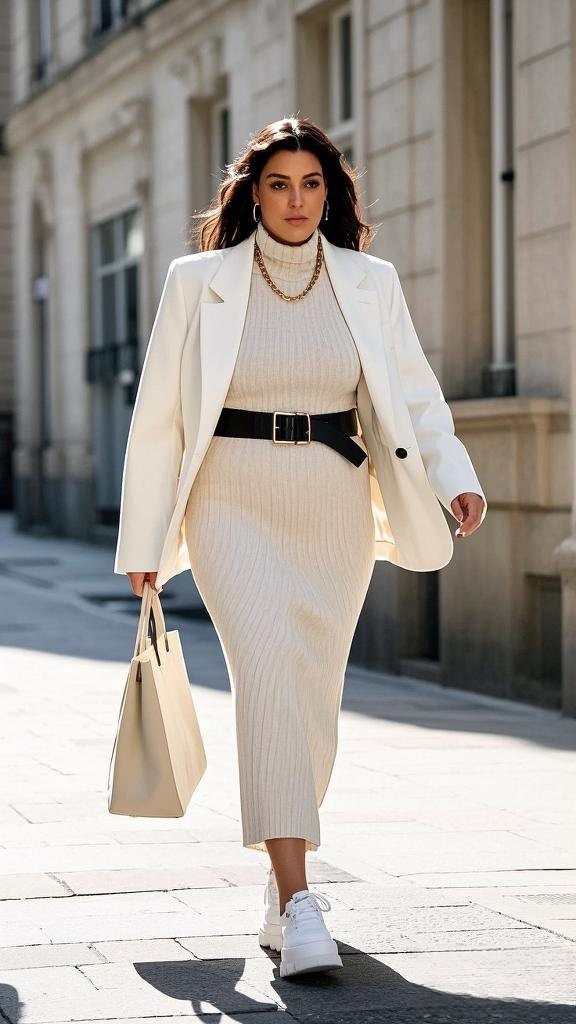 Power Dressing - Ribbed Knit Dress - Statement Belt - Structured Blazer & White Sneakers